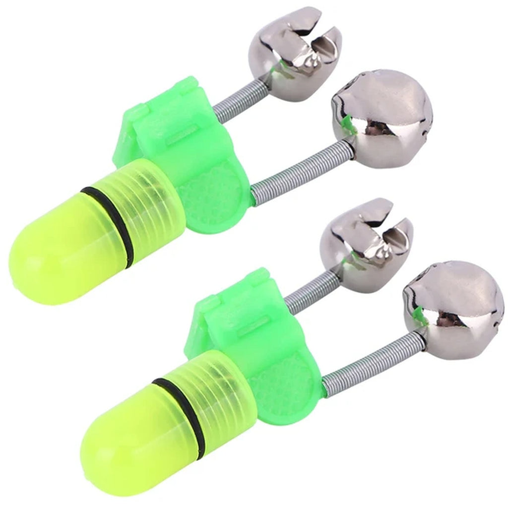 Two LED bite alarm bells with green glowing bodies and twin steel bells on a clip
