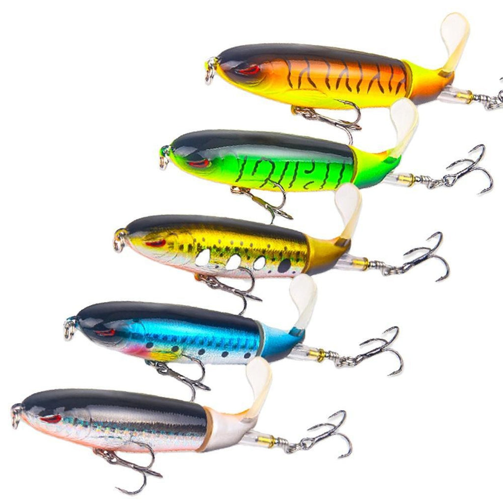 Five topwater pencil lures in different colour patterns, each with a rotating tail propeller