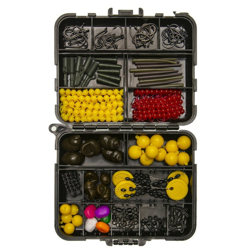 Open tackle case showing compartments of swivels, beads, sleeves and stops