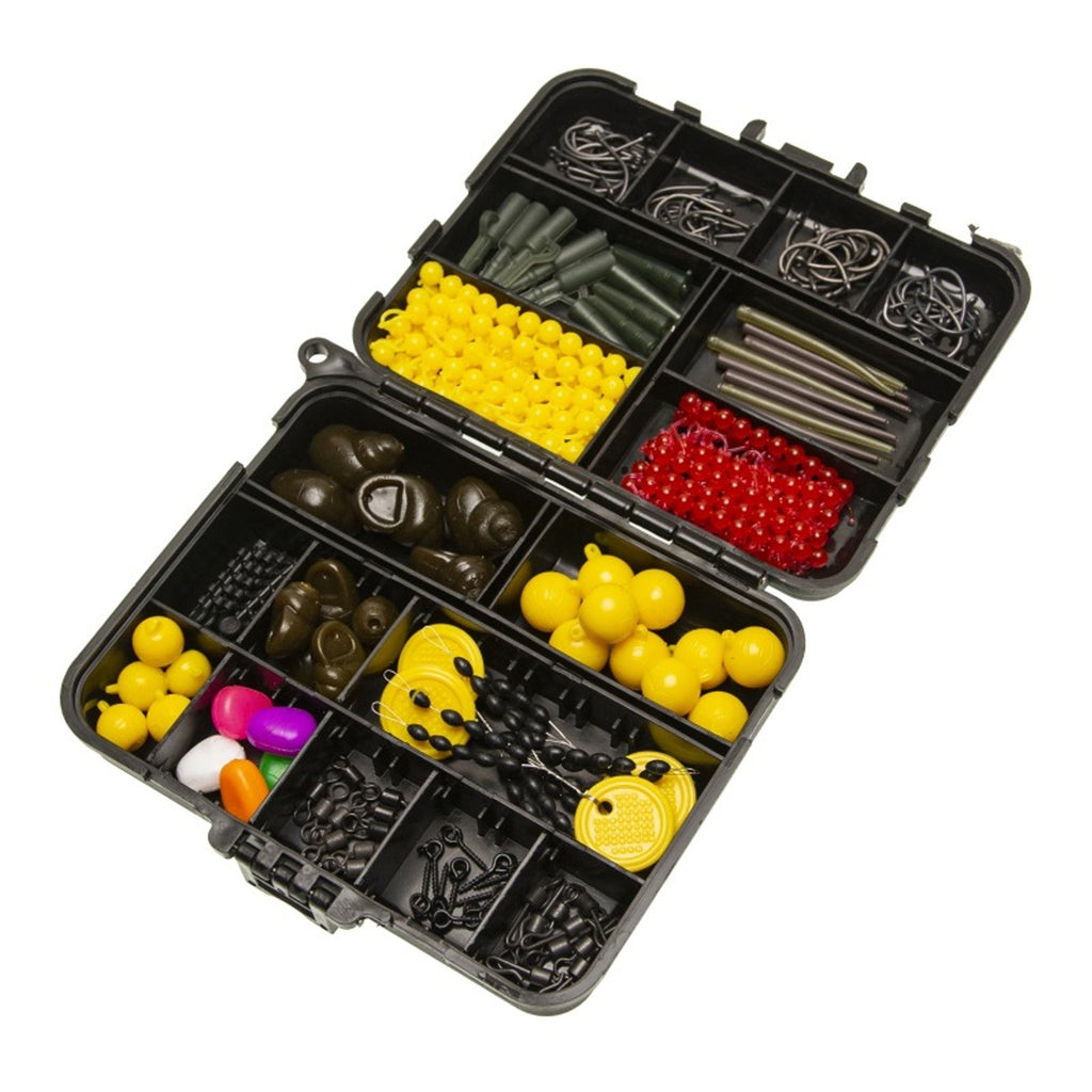 Angled view of the open 328-piece carp tackle case