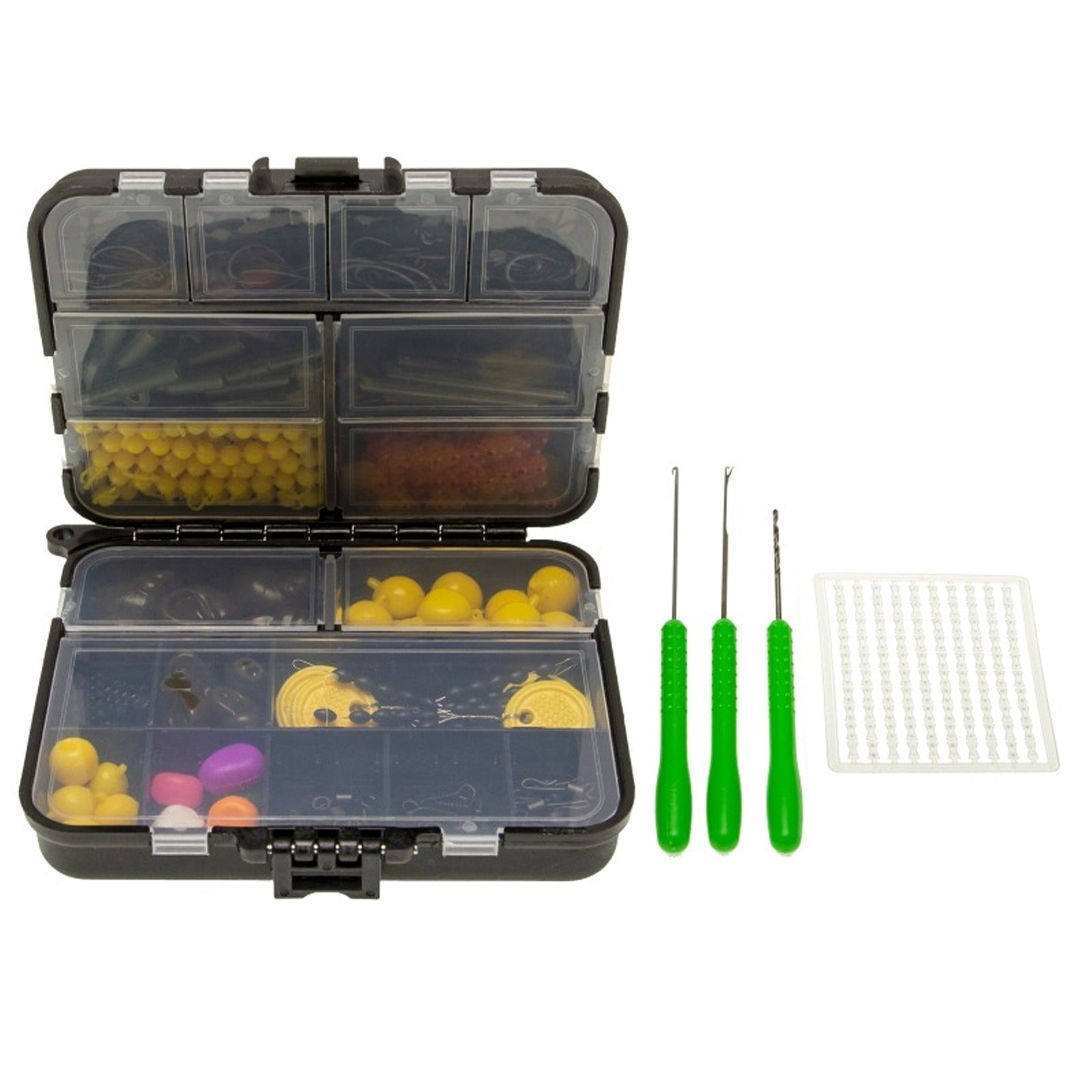 Tackle case open beside three baiting tools and a rig board