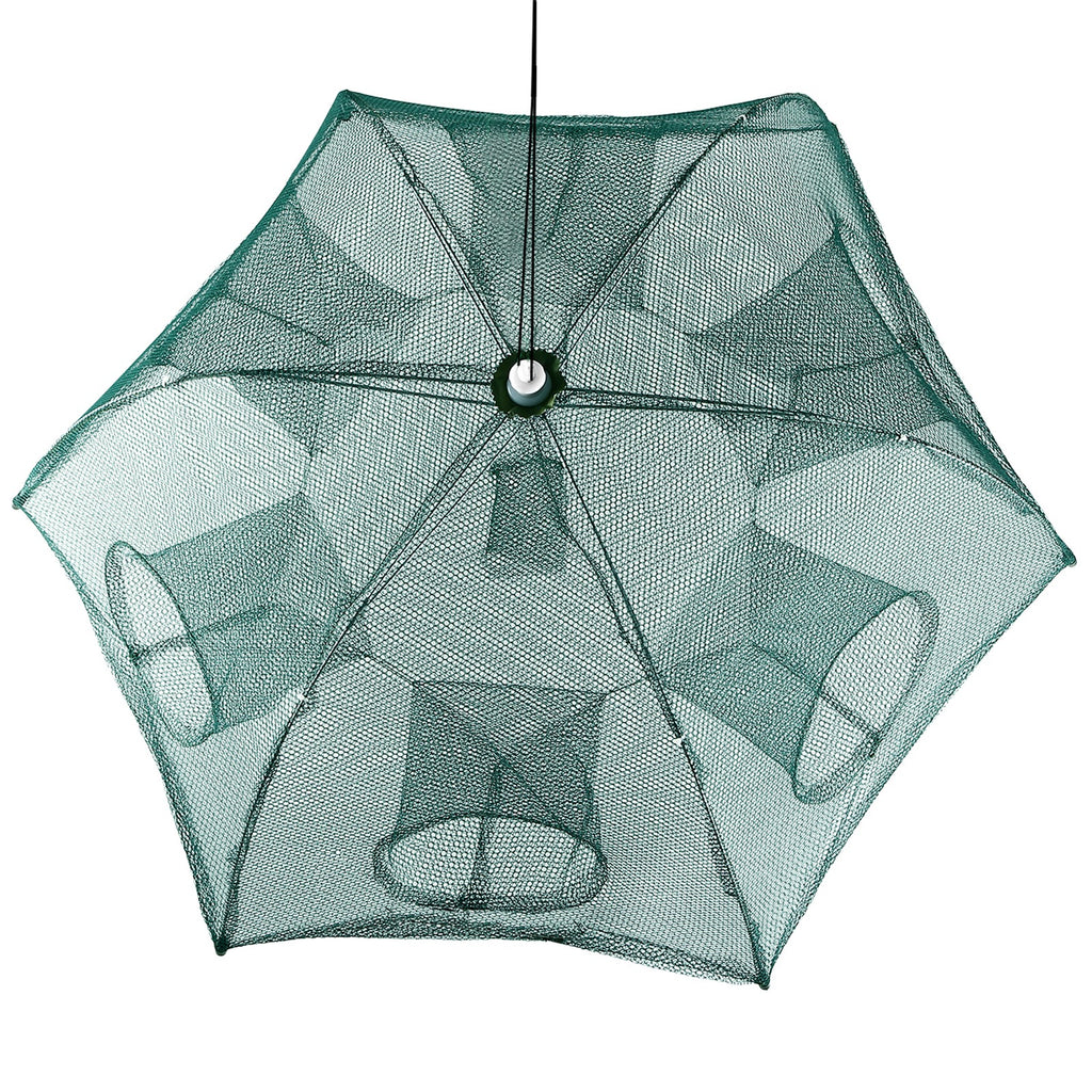 Open umbrella-style bait trap net with six entrance funnels