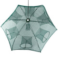 Open umbrella-style bait trap net with six entrance funnels
