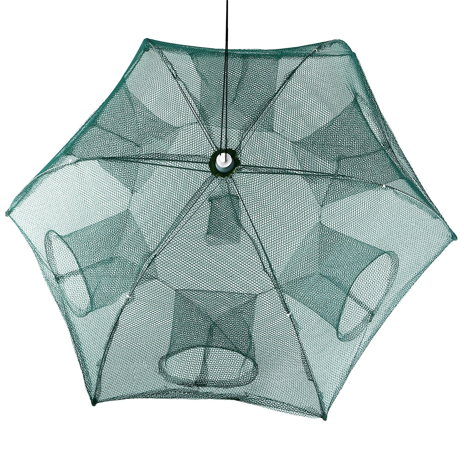 Open umbrella-style bait trap net with six entrance funnels